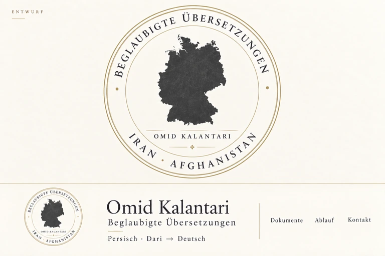 Omid Kalantari – Beglaubigte Übersetzungen · Iran und Afghanistan. Siegel mit Deutschland-Silhouette.