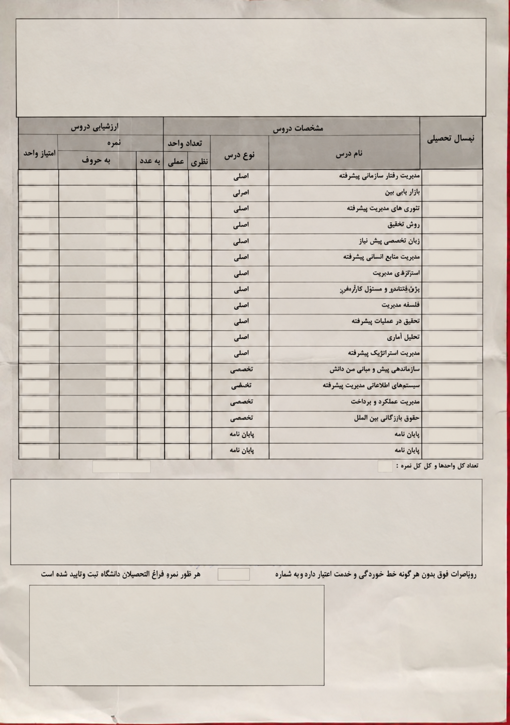 Iranische Hochschul-Notenübersicht – anonymisiertes Dokumentbeispiel